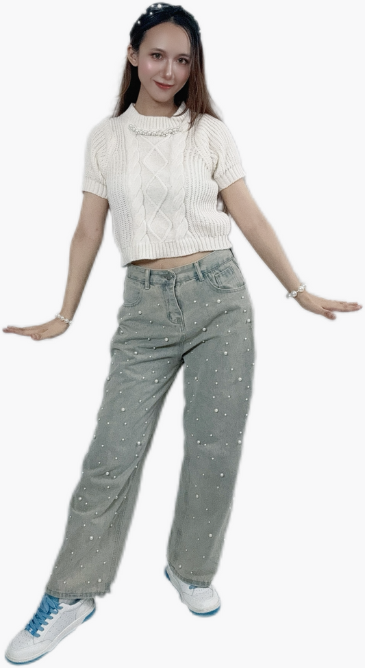 "PaleBlue Pearl Wide Leg Jeans with stylish pearls"