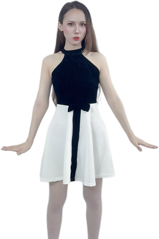 "Lady Black & White Bow Dress with classic design"