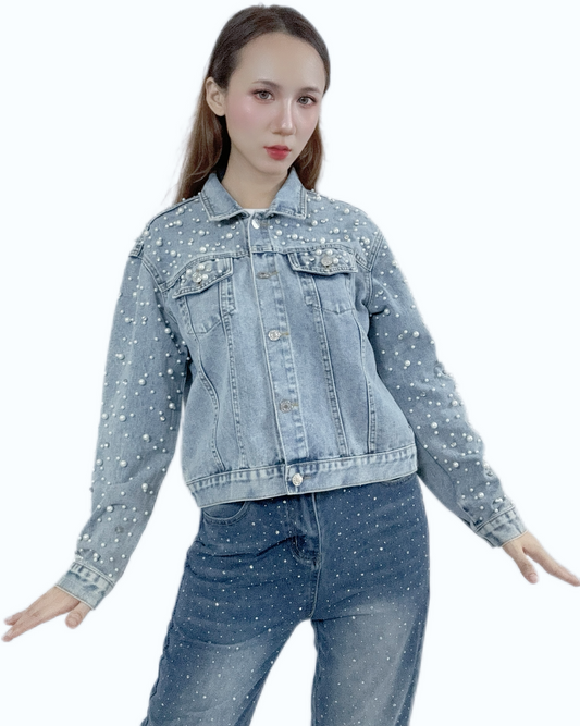 "Sparkles Diamond & Pearl Denim Jacket with elegant embellishments"